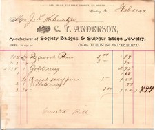 CT Anderson Reading PA 1895 Billhead Society Badges Sulphur Stone Jewelry