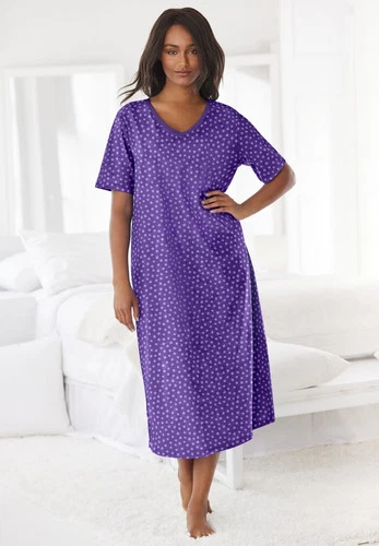 Dreams & Co. Plus Size V-Neck Short Sleeve Midi Cotton Sleep Shirt