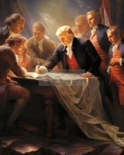 PRESIDENT DONALD TRUMP SIGNING THE DECLARATION OF INDEPENDENCE 8X10 AI PHOTO