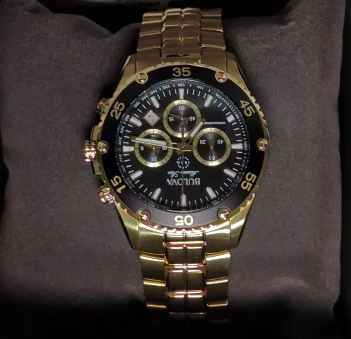 Bulova Mens Marine Star Gold Chronograph Stainless Watch Black  