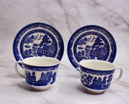 Two Vintage Johnson Brothers Bros. Blue Willow Tea Cup & Saucer England