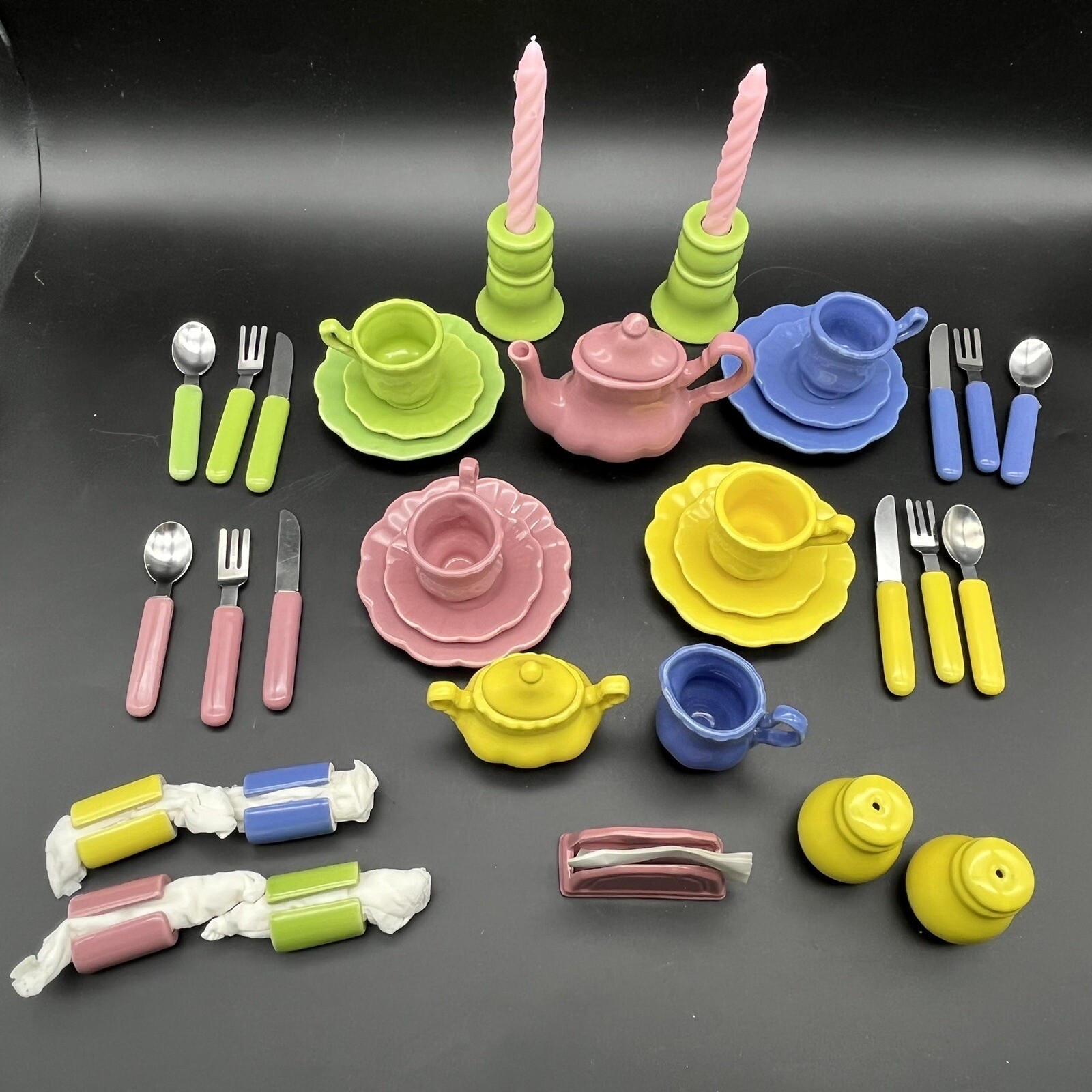 Frenzy Toys 40pc Miniature Ceramic Tea Set Dishes Fiesta Pastel Colors