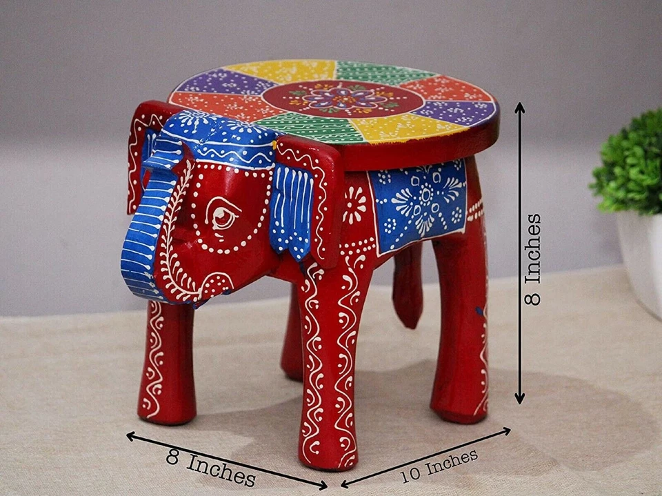 Indian Handmade Wooden Elephant Shape RED Multi Decor Side Table Statue Table - Image 2 of 4