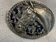 Vtg Buckle Horse Head 1990 C&J Inc. Pewter/Enamel-Navy Blue Made in USA