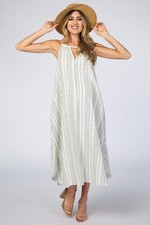 GiGiO  White Vertical Striped Sleeveless High Neck Floral Bohemian Maxi Dress L