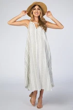 GiGiO  White Vertical Striped Sleeveless High Neck Floral Bohemian Maxi Dress L
