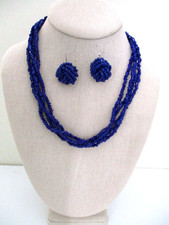 Vintage Beaded Necklace  Clip Earrings Set Cobalt Blue Multi-Strand 19"