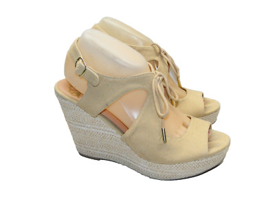 Fergalicious Vicky Women Size 9 M Tan Open Toe Platform wedges Espadrilles Shoes