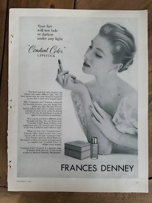 1955 Frances Denney constant color lipstick lips will not fade underlight ad