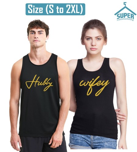 HUBBY WIFEY Couple TANK TOP GOLD Matching Wedding Day Honeymoon Tees TankTop - Picture 4 of 4