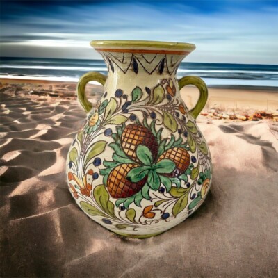 Vintage Pine Cone Terracotta Handled Amphora Vase Made in Italy 12  Handmade