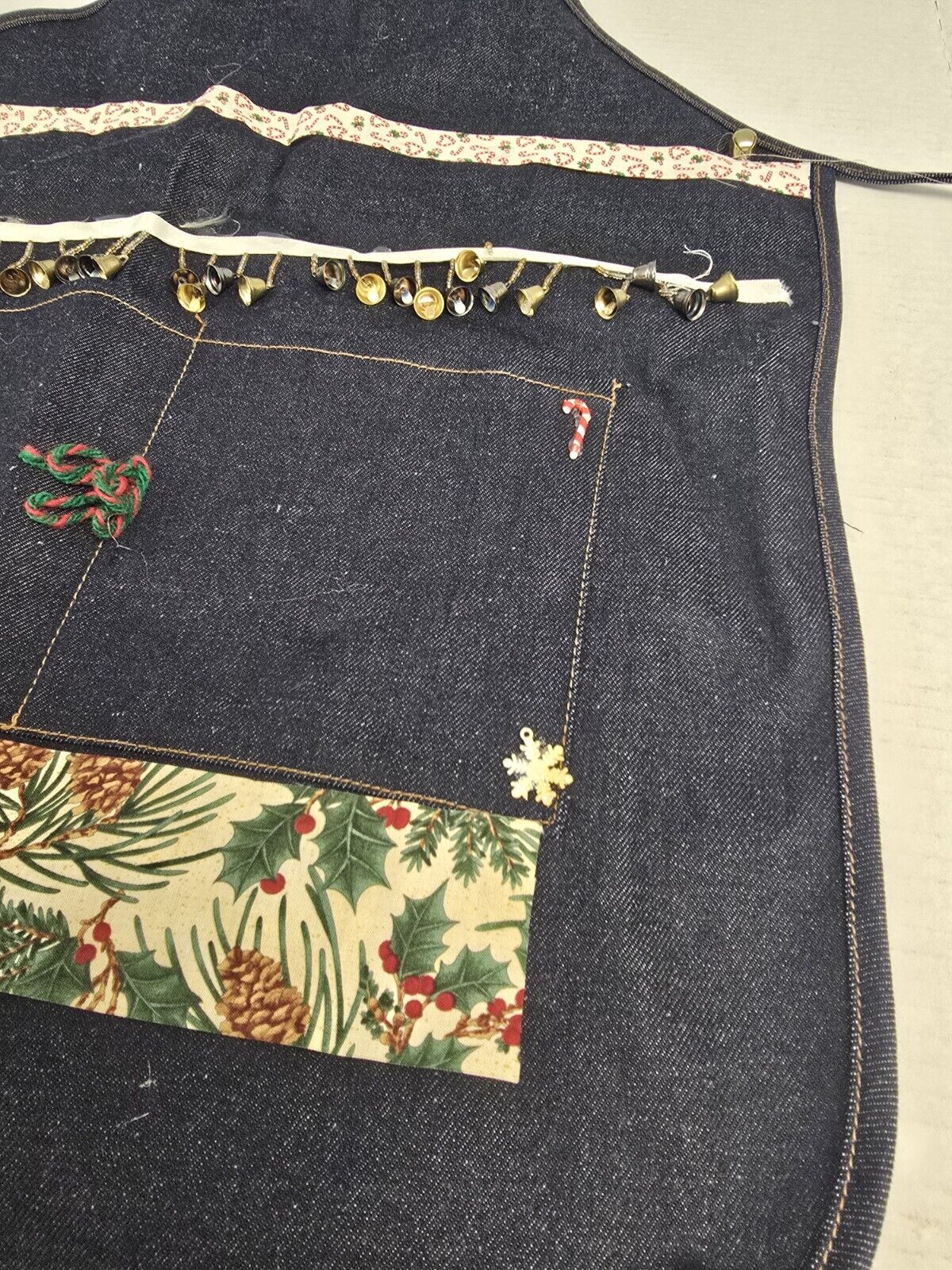 Innovo, Inc. Christmas Holiday Cotton Denim Apron Handmade Bells Candy Canes