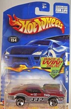 2002 Hot Wheels Mainline/Collector #154 OLDS 442 Dark Red w/Chrome 3 Sp Wheels