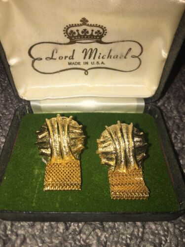 Vintage Lord Michael Gold Tone Mesh Wrap Around 1960’s Cufflinks With Box - Photo 1 sur 4