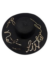 Women New Casual Boho Letter Straw Black Hat Diameter 48 CM 