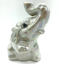 Vintage 6" Sitting Trunk up Iridescent Ceramic Elephant