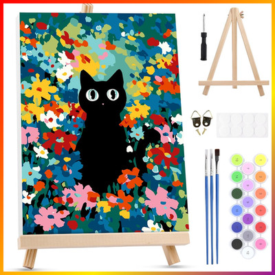 Paint by Numbers Set Schwarz Katze 20x30 cm mit Rahmen Acrylfarben Pinsel DIY