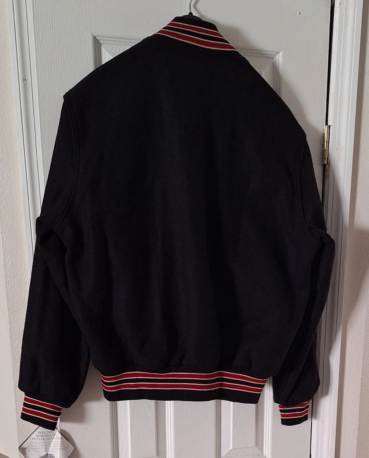 (B - 11) HOLLOWAY VARSITY JACKET BLACK WITH BLACK WOOL SLEEVES SIZE SMALL - product detail image 3