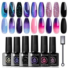 UR SUGAR Glitter Gel Nail Polish Set, 6 Colors Glitter 9D Cat Magnetic Eye Black