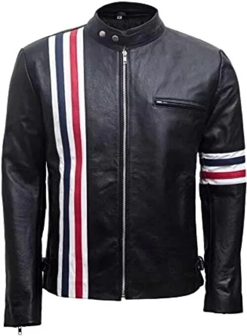 American Flag Handmade Leather Black Men's Jacket Motorbike Racer Zipper Jacket