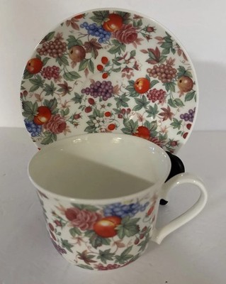 Rare Roy Kirkham Bone China Breakfast Cup & Saucer Set FRUIT & FLOWERS England