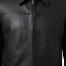 Men s Black Leather Jacket Zip Front Shirt Collar Classic Biker Moto Coat
