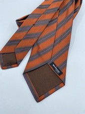 Kiton Napoli 7 Fold Silk Tie Striped Shiny Italy Handmade Sartorial Orange Brown