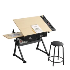Adjustable Drawing Drafting Table Desk w/2 Drawers&Stool For Home Office School
