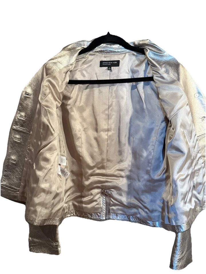 Куртка женская Jones New York серебристая 100% кожа на пуговицах спереди средняя - Изображение 3 из 4