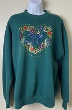 Vintage Made In USA Womens Large Sequin Heart Sweatshirt Sweater Green U-5