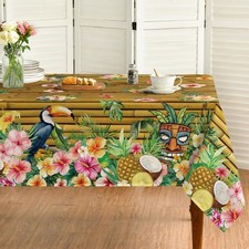 Summer Tablecloth 60 84 Inch Rectangular, Tropical Posies Parrot Bamboo Washable