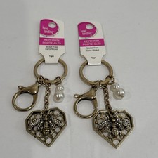 2 NEW Lovely Enamel Bee Honeycomb Keychain With Pearl Jeweled Eye Beads