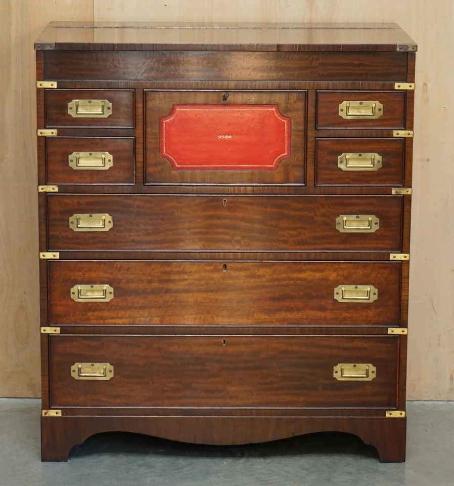 BONITA CÓMODA VINTAGE DE LATÓN CAOBA Y CUERO SANGRE DE BUEY CAMPAÑA MILITAR Foto 3 de 4