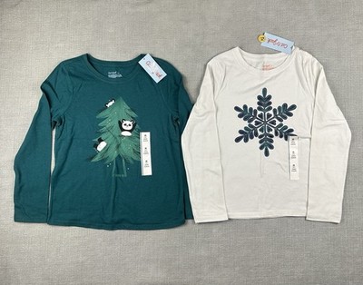 Cat & Jack T-Shirt Girl's Medium Lot of 2 Green Long Sleeve Christmas Pandas NEW