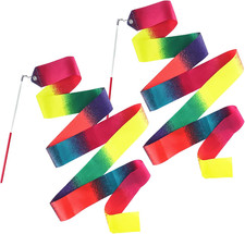 2 Pcs Dance Ribbons, Gymnastics Ribbon 78.7 Inch Twirling Dancing Ribbons Rainbo