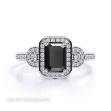 2.66CT Emerald Cut Real Black Onyx Engagement Halo Ring 14K White Gold Finish