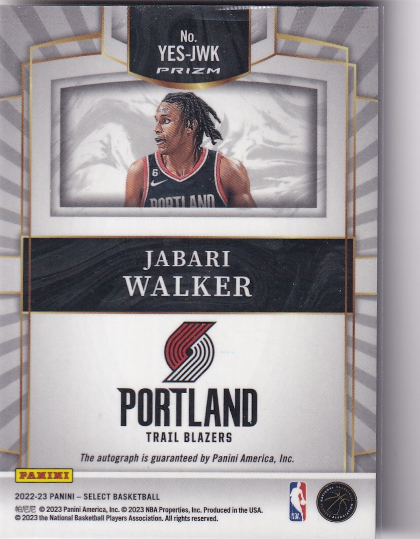 2022-23 Panini NBA Select No. YES-JWK Jabari Walker Rookie Auto