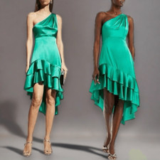 Cinq a Sept 100% Silk Colina Ruffle One Shoulder Cocktail Dress Sz 2 Jade Green