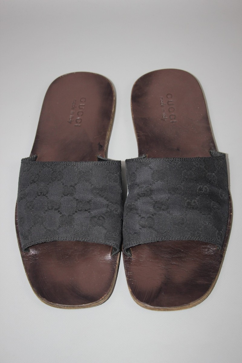 GUCCI Vintage Black GG Monogram Canvas Leather Flip Flops Sandal