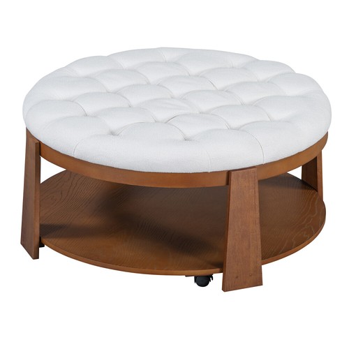 Modern Large Round Ottoman Coffee Table 2-Tier Tufted w/Wood Shelf, Wheels&Linen - Picture 44 of 47