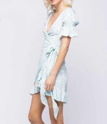 Skylar+Madison Women s Wrap Around Mini Dress White & Blue Ruffle Size Small EUC