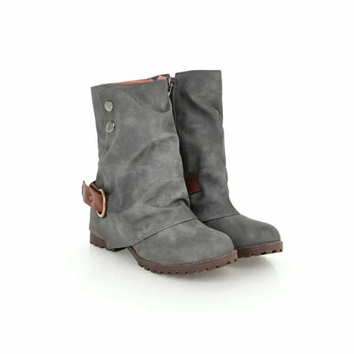 Mujeres Botines Punk Hebilla Tacones Bajos Cremallera Lateral Vaquero Grueso Motocicleta Zapatos - Imagen 8 de 8