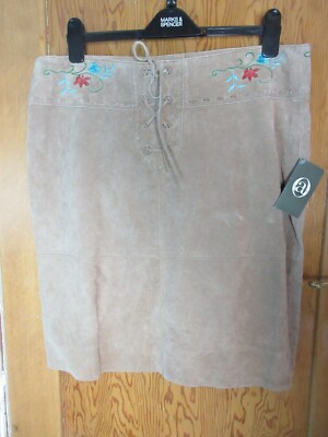 Damen Größe 18 beige Wildlederrock mit Schnürung & Blumenstickerei, Matalan