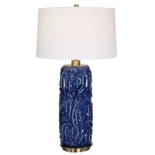 Luxe Dark Blue Spiral Scroll Sculpture Table Lamp Organic Rose Modern Texture