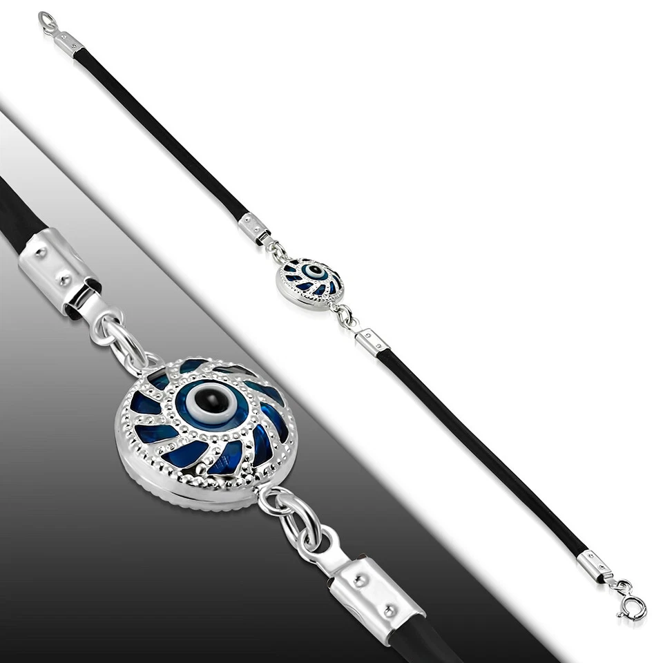 Pulsera de plata de ley 925 de goma negra de vidrio azul protección contra el mal de ojo Foto 2 de 3