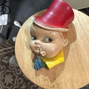 Vintage Really Nice 1950   Baby Face Boy w/ Pipe Chalk ware String Holder 