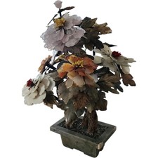 18" Chinese Jade and Quartz Bonsai Glass Tree in Celadon Pot