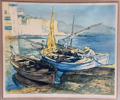 VAN GOGH STYLE VINTAGE COLOR ETCHING / LITHOGRAPH FISHING BOATS TOULON TALISMAN
