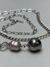 MAJORICA Baroque Pearl 925 Sterling Hammered Link 23" Necklace Toggle Clasp