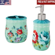 Floral Stoneware Bath Accessories Set Ceramic Soap Dispenser Toothbrush Holder